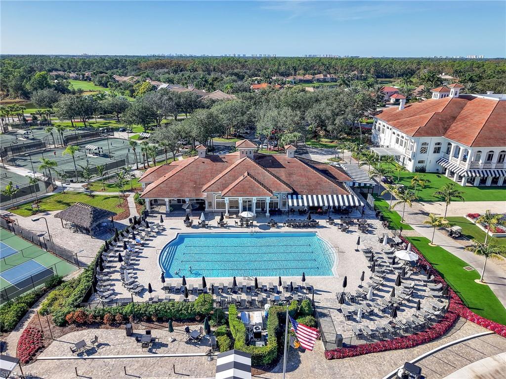 Aerial view of a pool and amenities