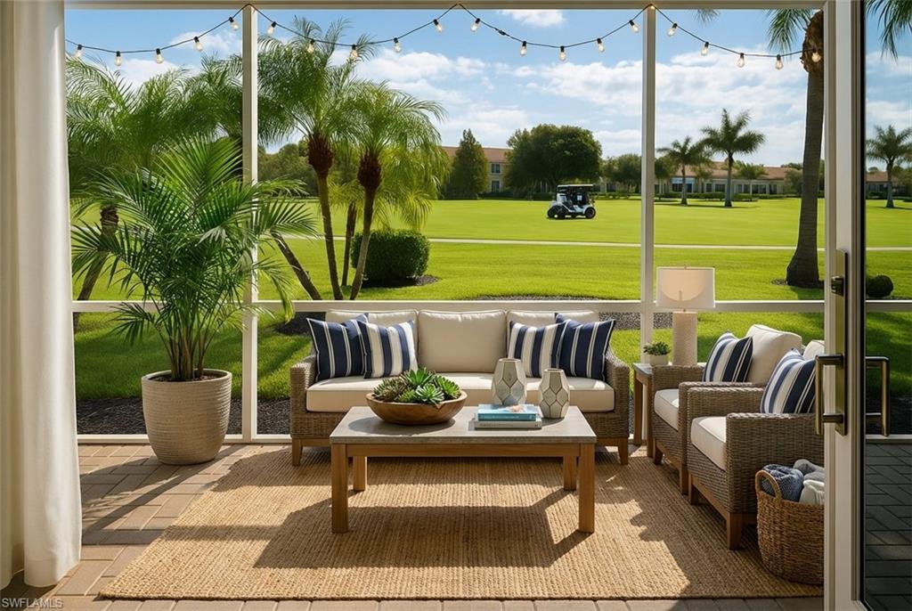 Sunroom with an outdoor lounge area, golf course view, and a patio area