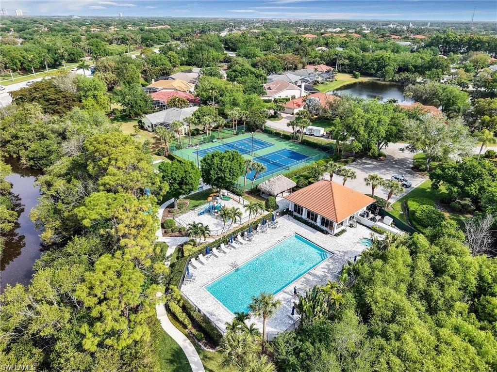 Bird's eye view of a large body of water and a pool area