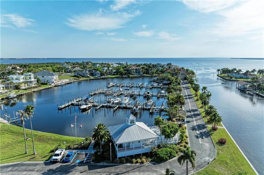 Bird's eye view of a large body of water and a marina