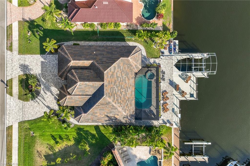 Drone / aerial view of a pool area