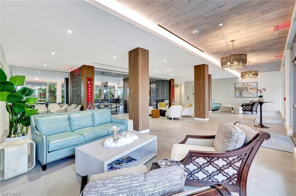 Lobby with recessed lighting and wooden ceiling