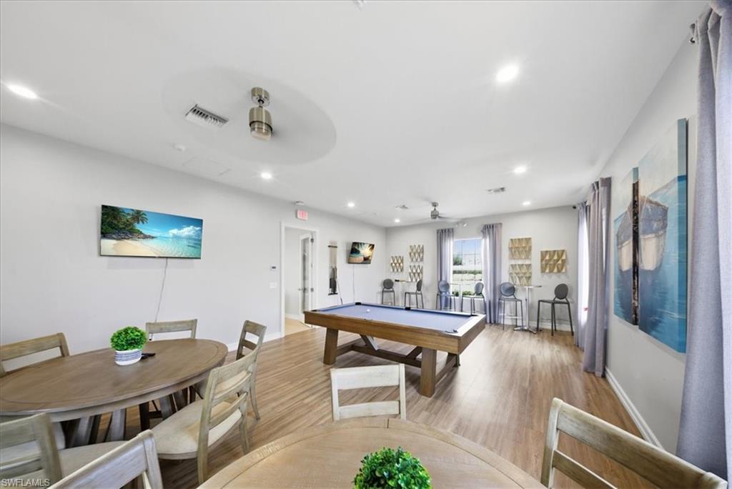 Rec room featuring billiards table, a ceiling fan, and recessed lighting