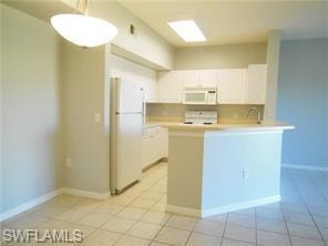 Kitchen with white cabinetry, light countertops, white appliances, and a peninsula
