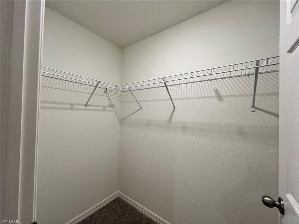 Walk in closet featuring dark carpet