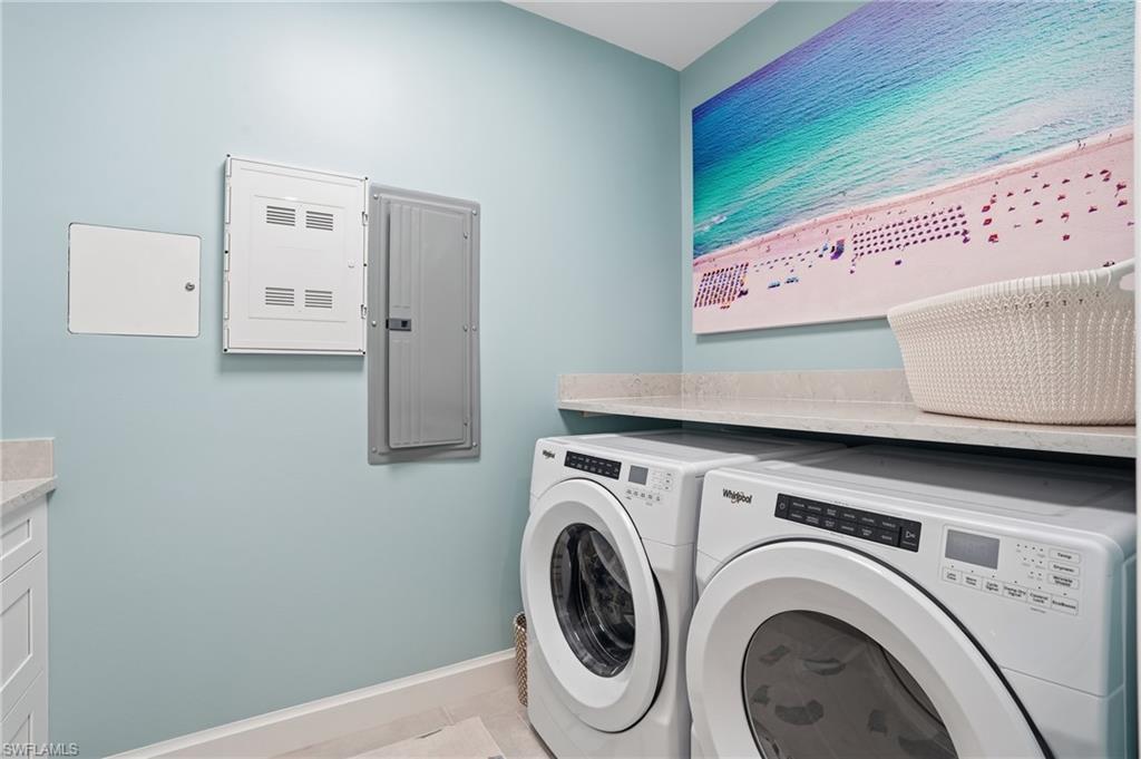 Laundry area featuring electric panel and independent washer and dryer