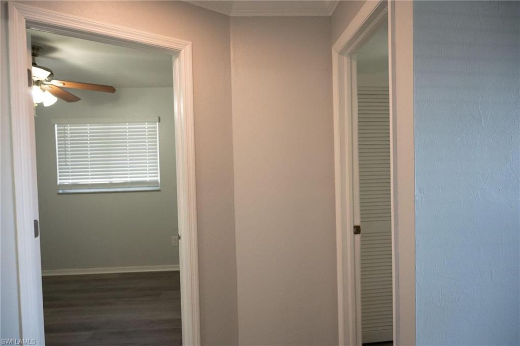 Hall with dark wood-style flooring