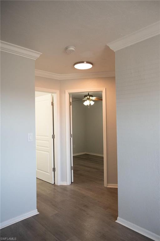Corridor with crown molding and dark wood-style floors