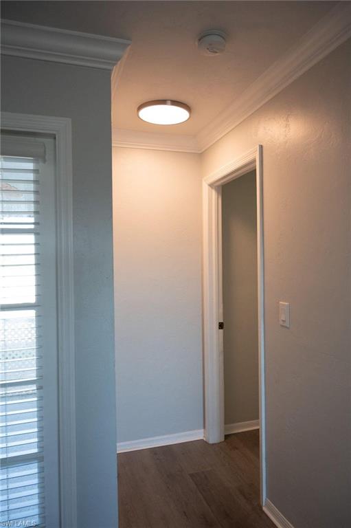 Hallway featuring ornamental molding, dark wood finished floors, and a textured wall