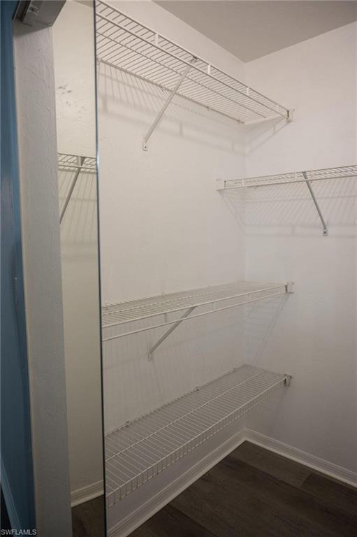 Walk in closet with dark wood-style floors