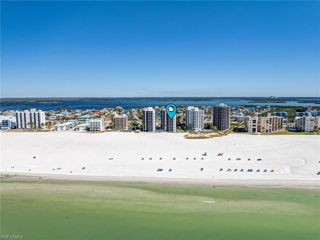 Bird's eye view of the beach and water