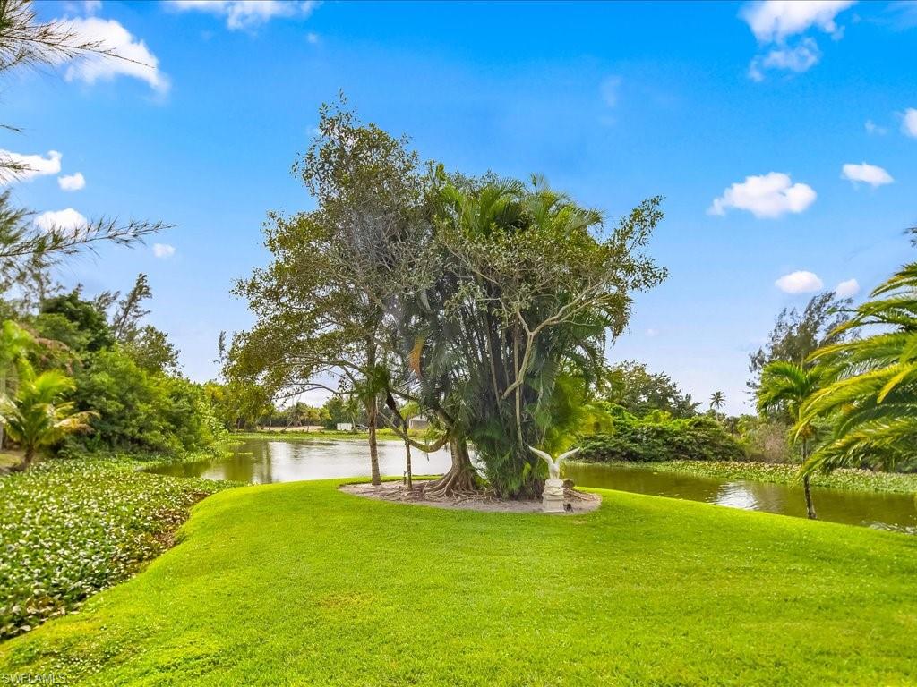 View of grassy yard with a water view