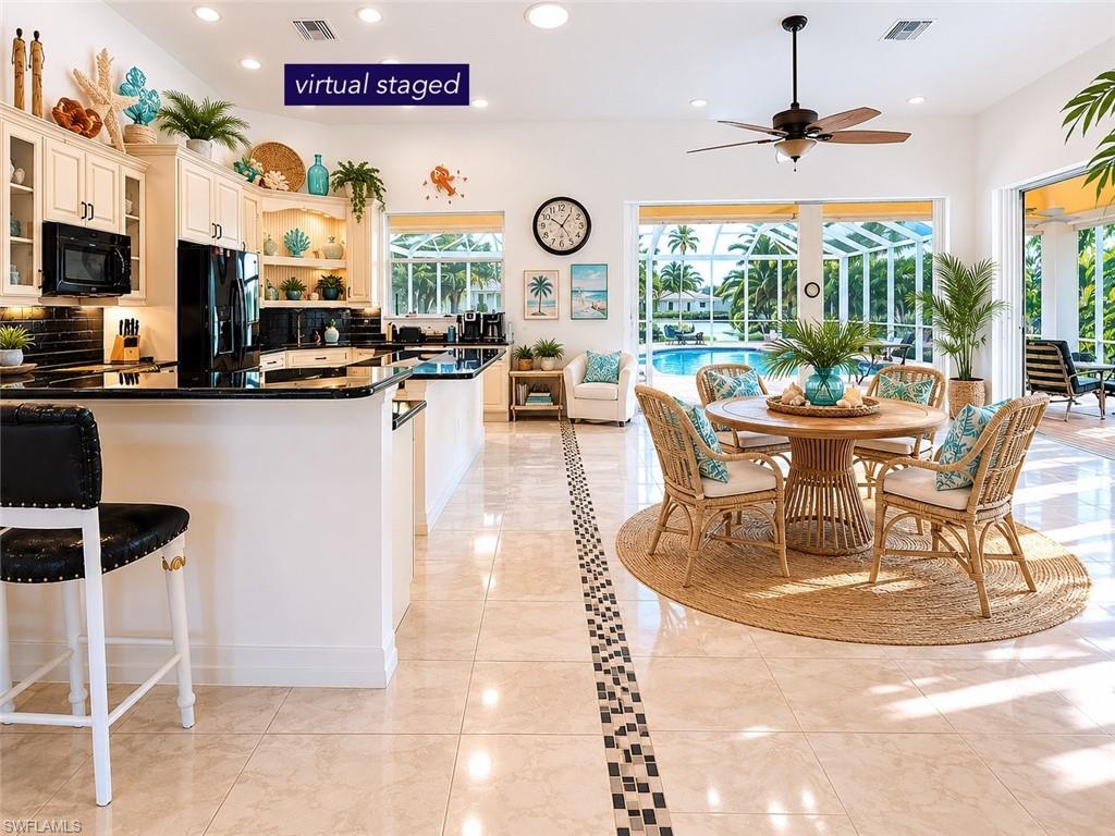 this is a virtual staged kitchen - the furniture are not included in sale. Please see original furniture in the next picture