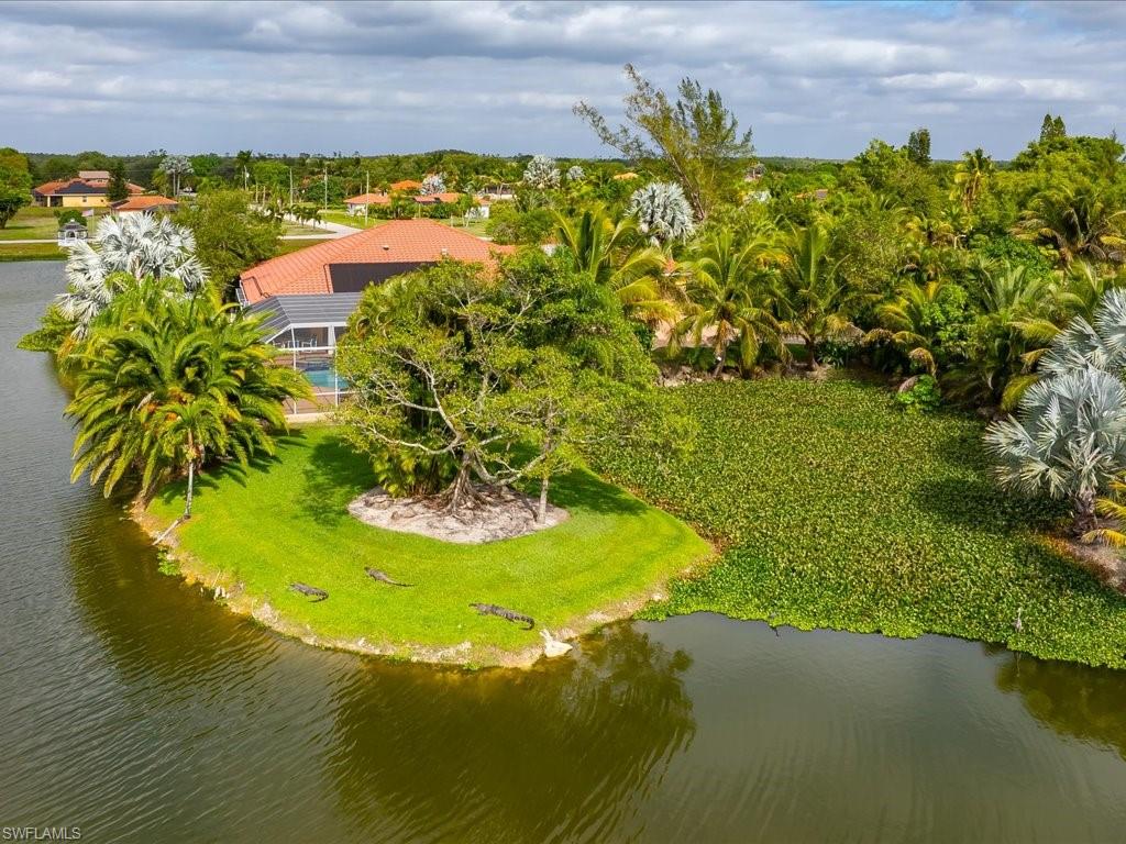 Drone / aerial view of a large body of water and a tree filled landscape
