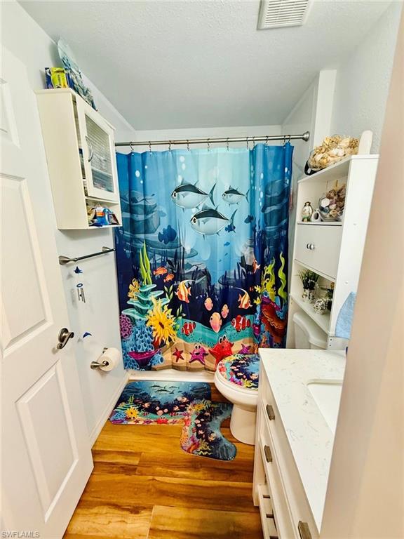 Full bathroom featuring wood finished floors, vanity, a shower with curtain, and a textured ceiling