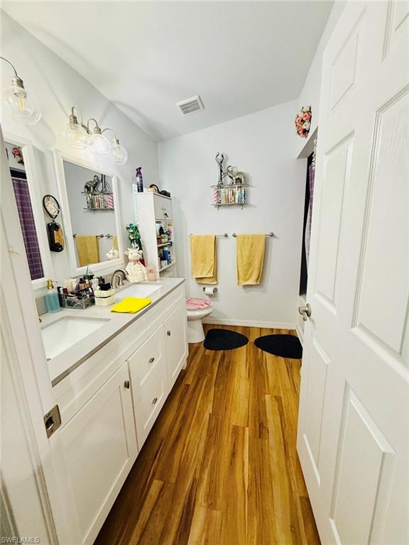 Full bathroom featuring wood finished floors and double vanity