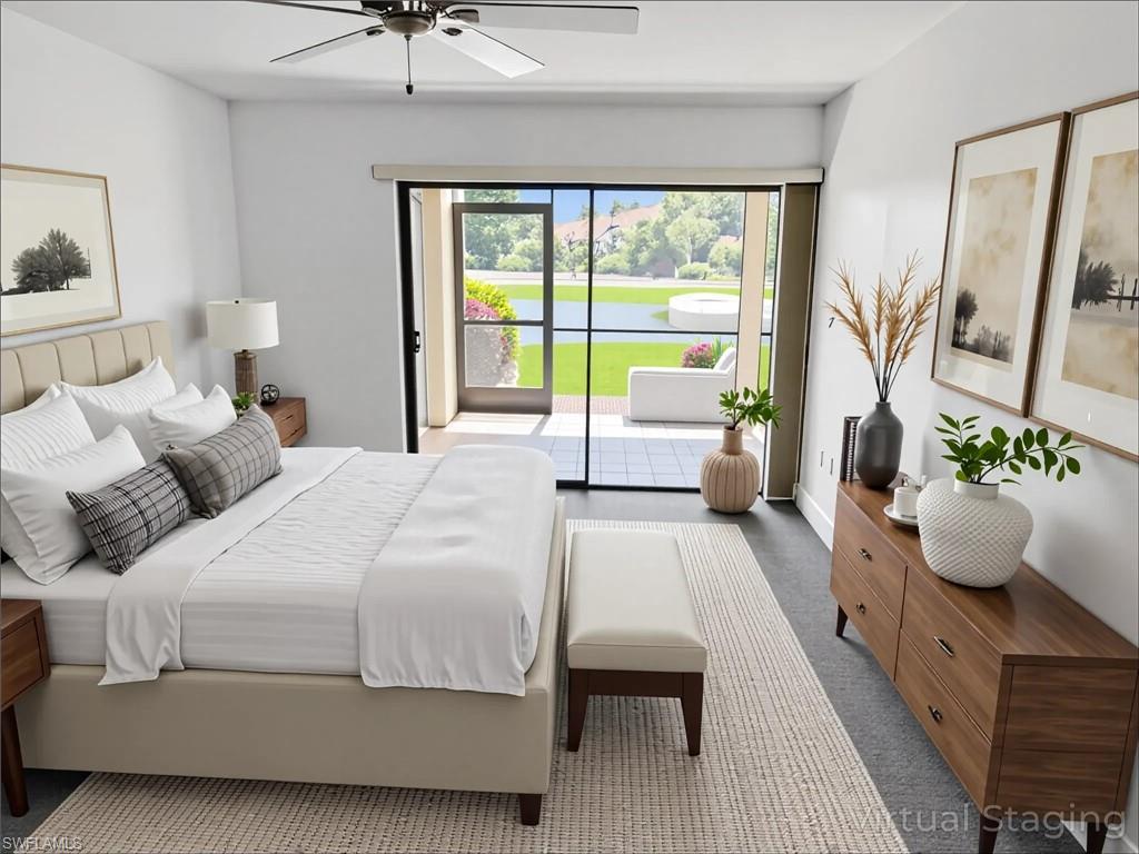 Bedroom featuring access to outside and ceiling fan