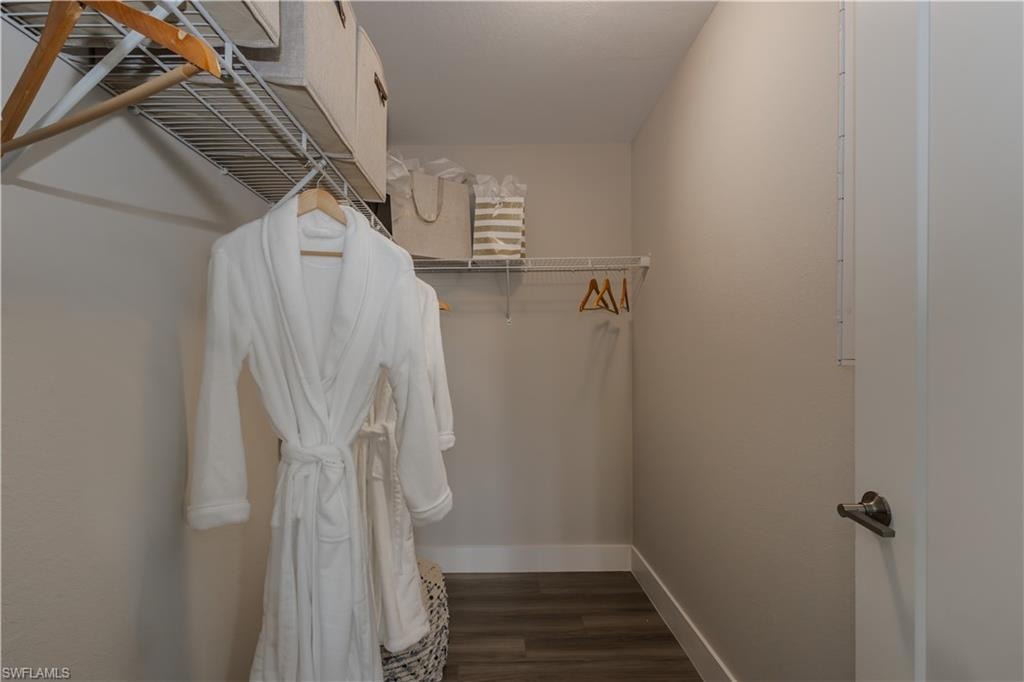 Walk in closet with dark wood-style floors