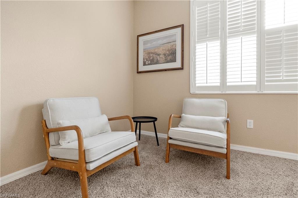 Living area with carpet flooring