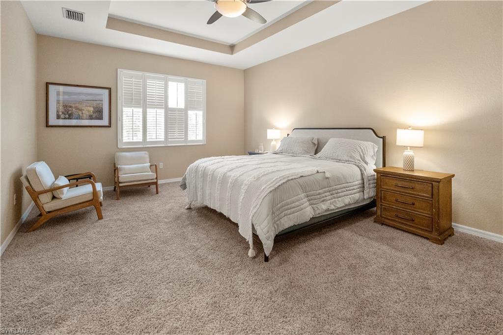 Bedroom with a raised ceiling, carpet flooring, and ceiling fan