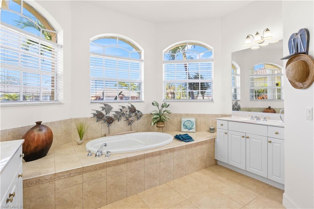 Full bath with vanity, a bath, and plenty of natural light