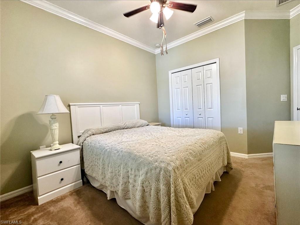 Carpeted bedroom with crown molding, a closet, and a ceiling fan