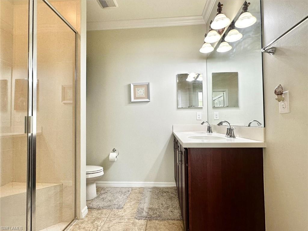Bathroom featuring ornamental molding, vanity, and a shower stall