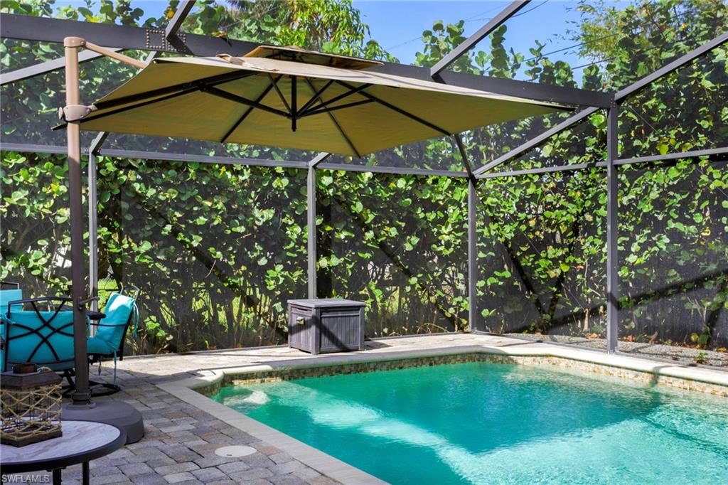 View of swimming pool with a lanai and a patio area