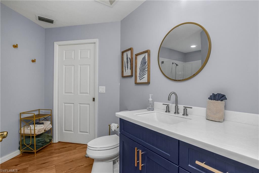 Bathroom featuring vanity, light wood-type flooring, and a shower stall