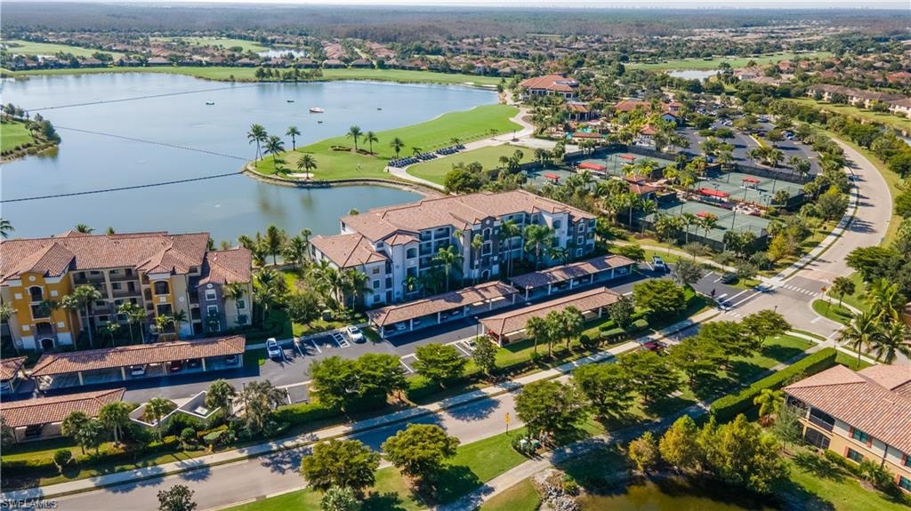 Aerial view of a large body of water and a golf club