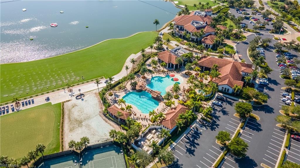 Bird's eye view of a golf club and a nearby body of water