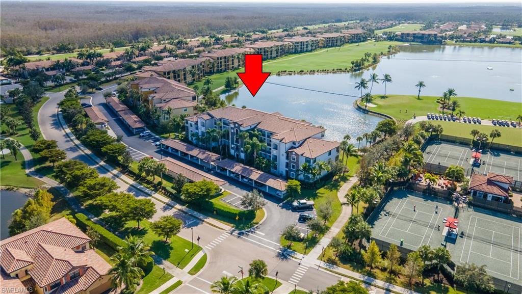 Aerial view of a nearby body of water and a golf club