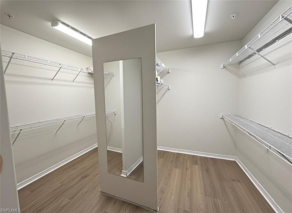 Walk in closet featuring dark wood-style floors *Photos have been virtually staged for perspective.