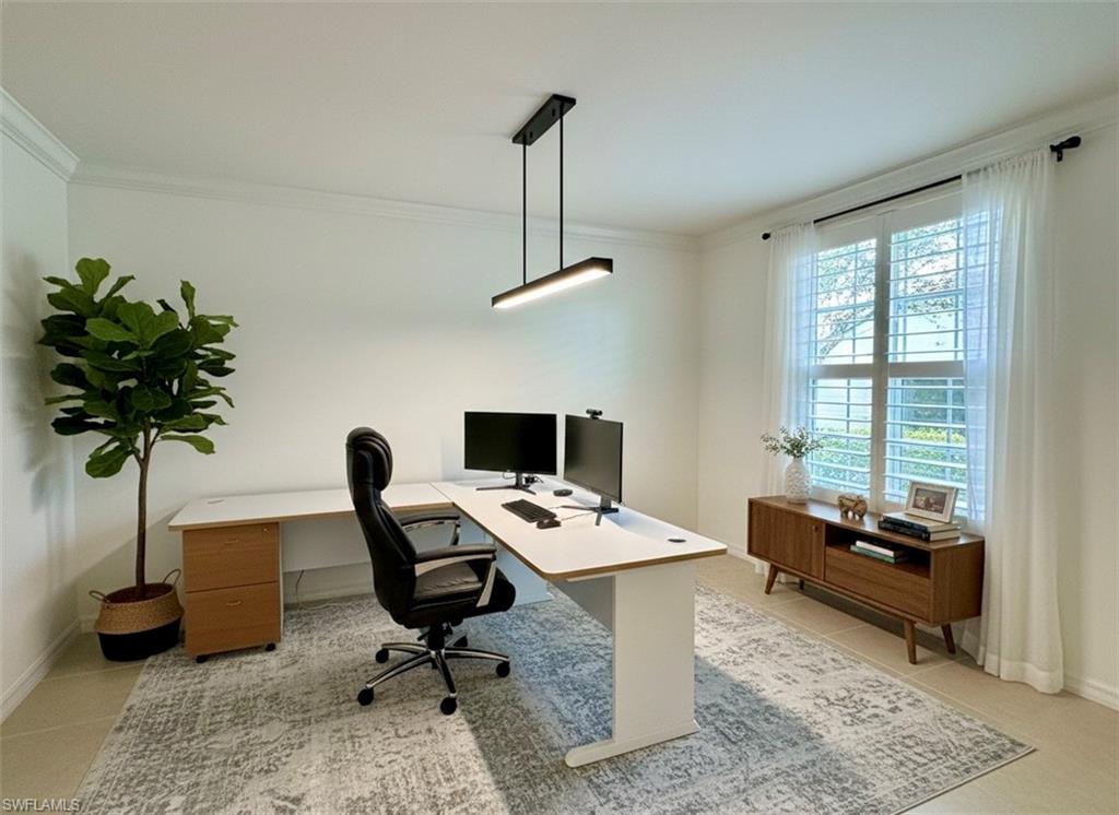 Office area with ornamental molding*Photos have been virtually staged for perspective.