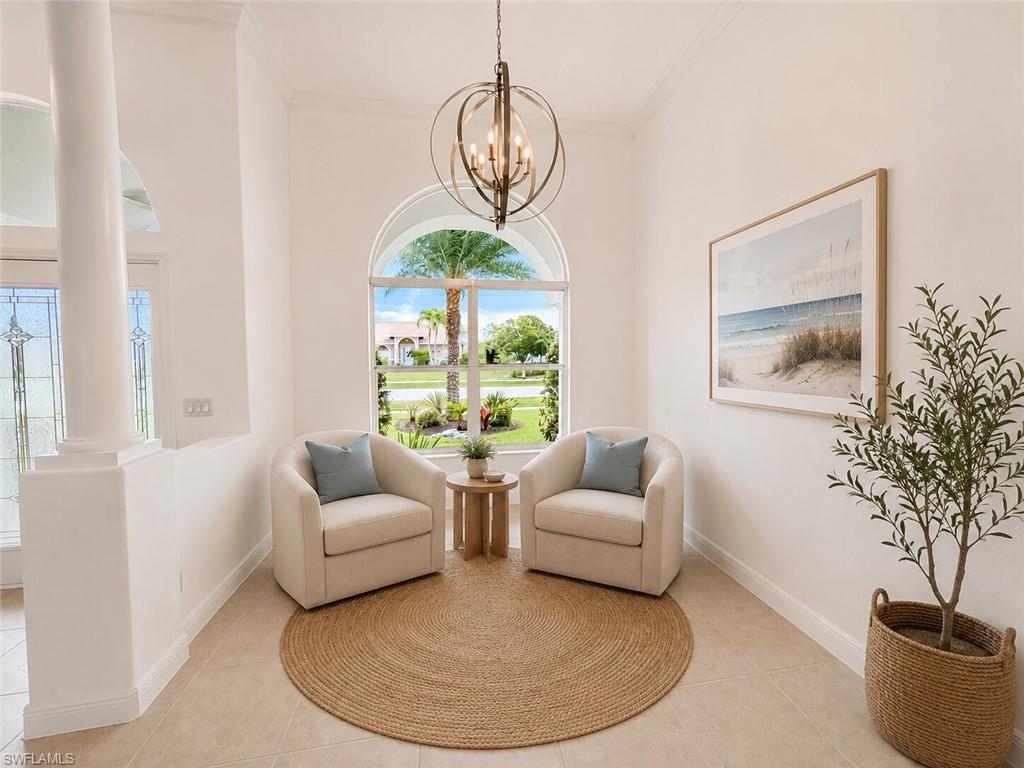 Arched window with exterior tropical landscaping and natural light