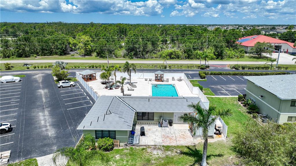 Drone / aerial view of a pool area