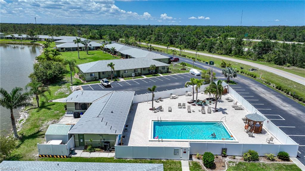 Drone / aerial view of a pool area