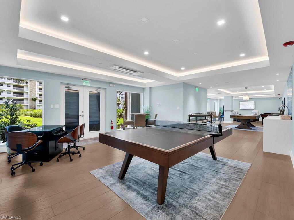 Game room with french doors, billiards, healthy amount of natural light, cooling unit, and recessed lighting