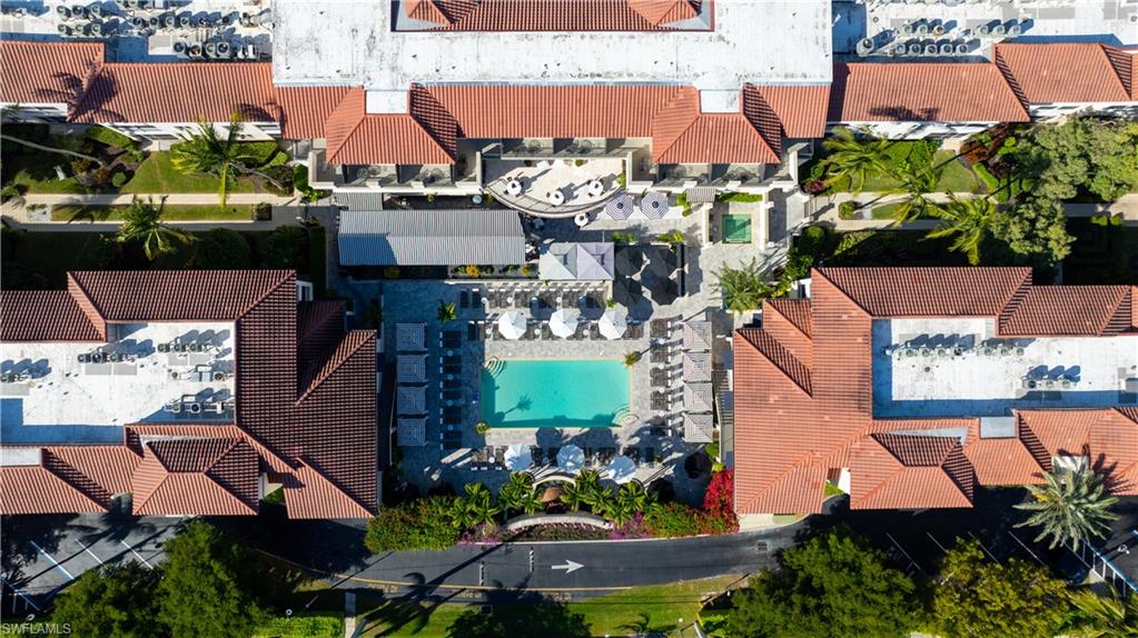 Aerial view of residential area with a pool area