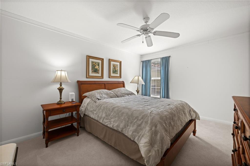 Bedroom featuring ornamental molding, a ceiling fan, and carpet floors