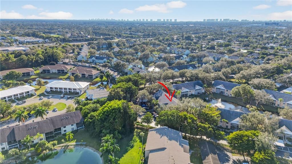 Aerial perspective of suburban area featuring skyline