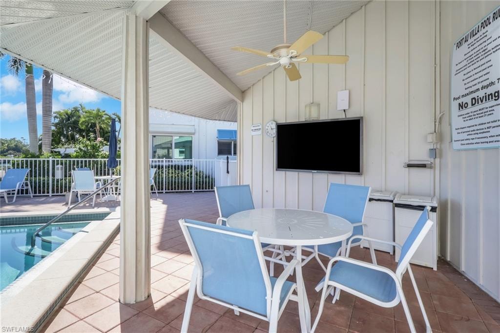 View of patio / terrace with ceiling fan, a swimming pool, and outdoor dining space