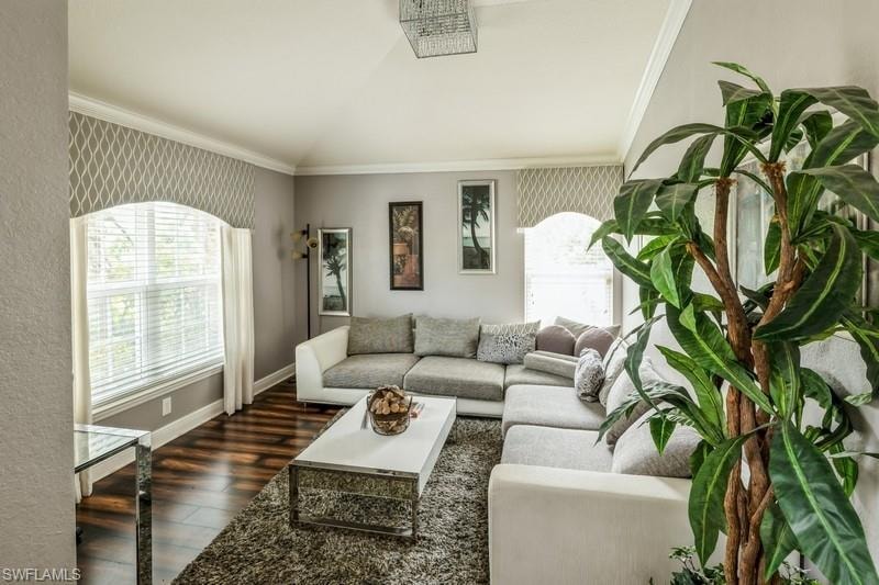 Living room with vaulted ceiling, dark wood-style flooring, and ornamental molding
