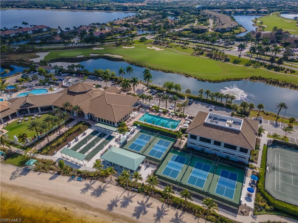 Aerial view of a large body of water and a golf course