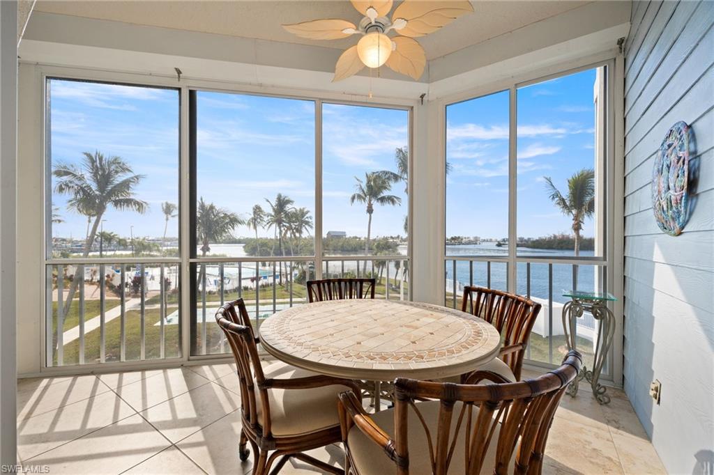 Sunroom with plenty of natural light and a water view