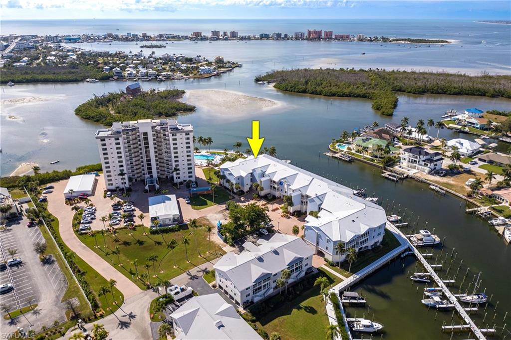 Aerial view of a nearby body of water