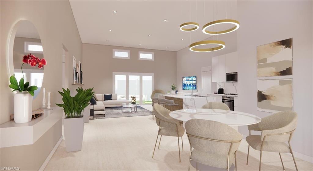 Dining room with a high ceiling