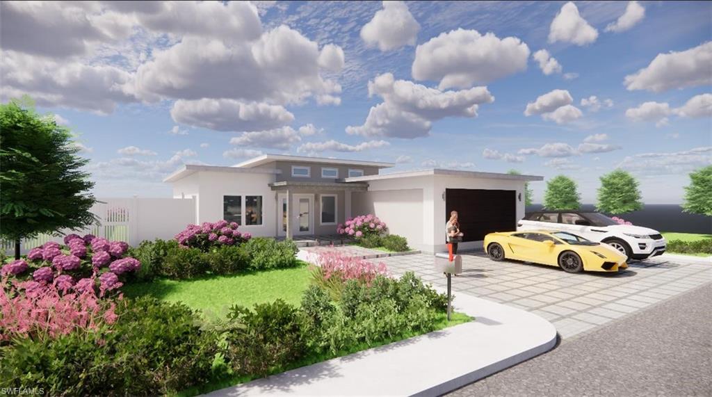 View of front of home featuring stucco siding, a garage, and decorative driveway