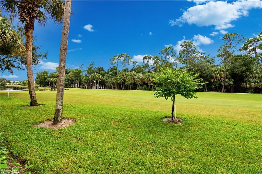 View of green lawn featuring view of wooded area