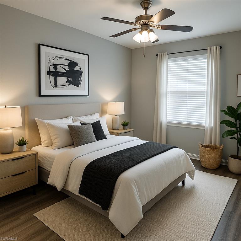 Virtually Staged Bedroom with wood finished floors and ceiling fan